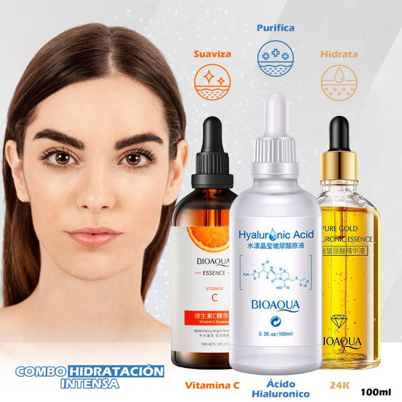 SUPER KIT HIDRATACION INTENSIVA! SERUM 24K de 100 ml + SERUM ÁCIDO HIALURÓNICO de 100 ml + SERUM VITAMINA C de 100 ml BIOAQUA 💎